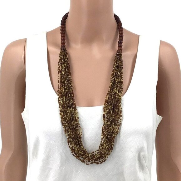 Boho Style Beaded Necklace Chunky Multi Strand Brown Cream - Picture 5 of 5